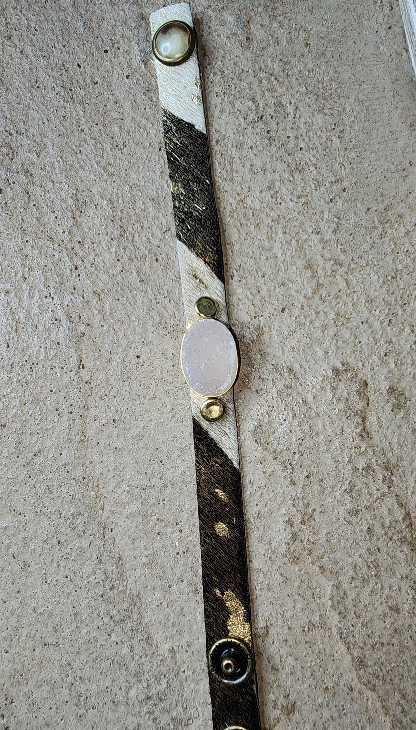 Gold Tone and Black Hide Leather Bracelet w/ Oval Drusy Stone