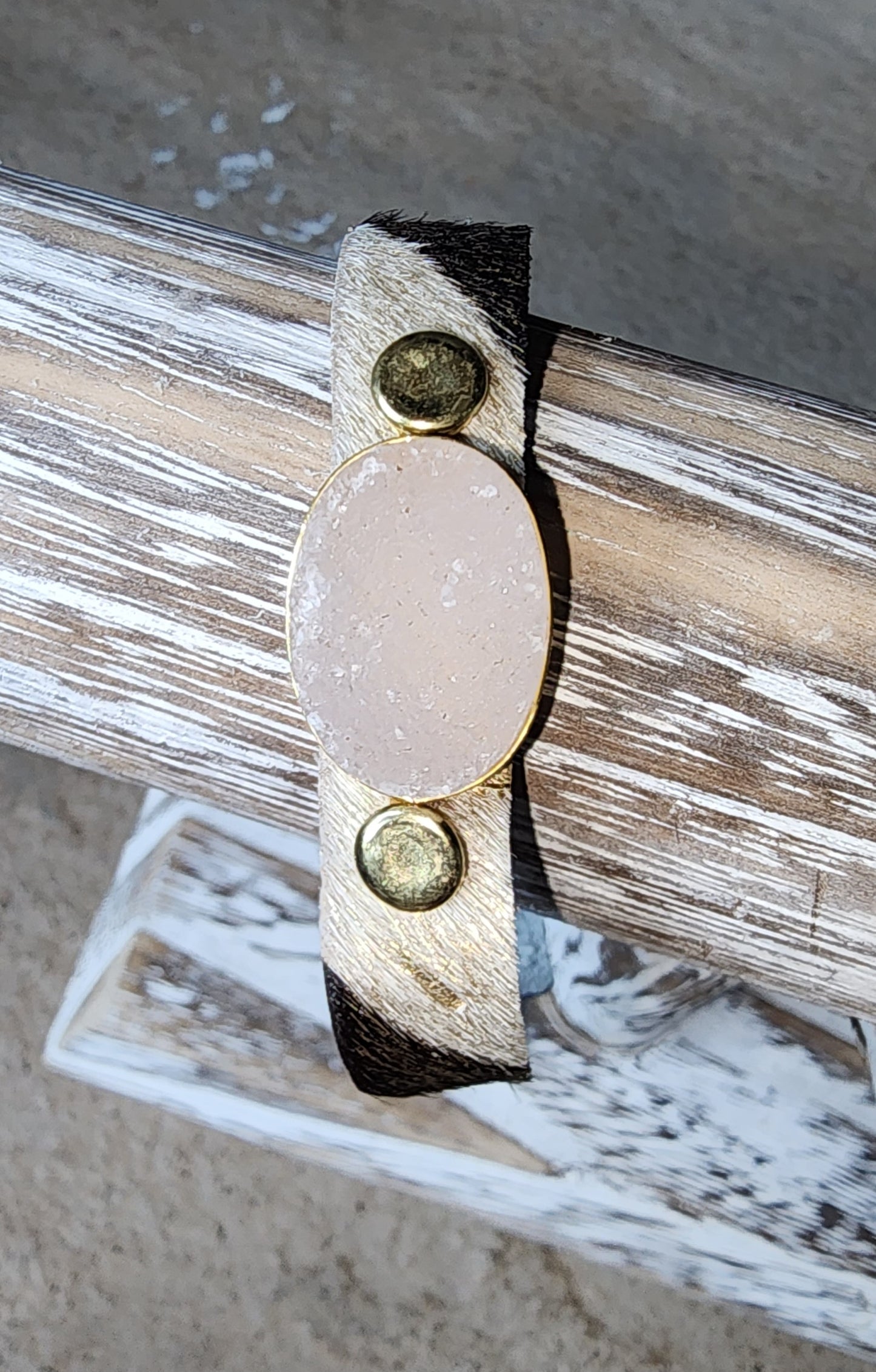 Gold Tone and Black Hide Leather Bracelet w/ Oval Drusy Stone