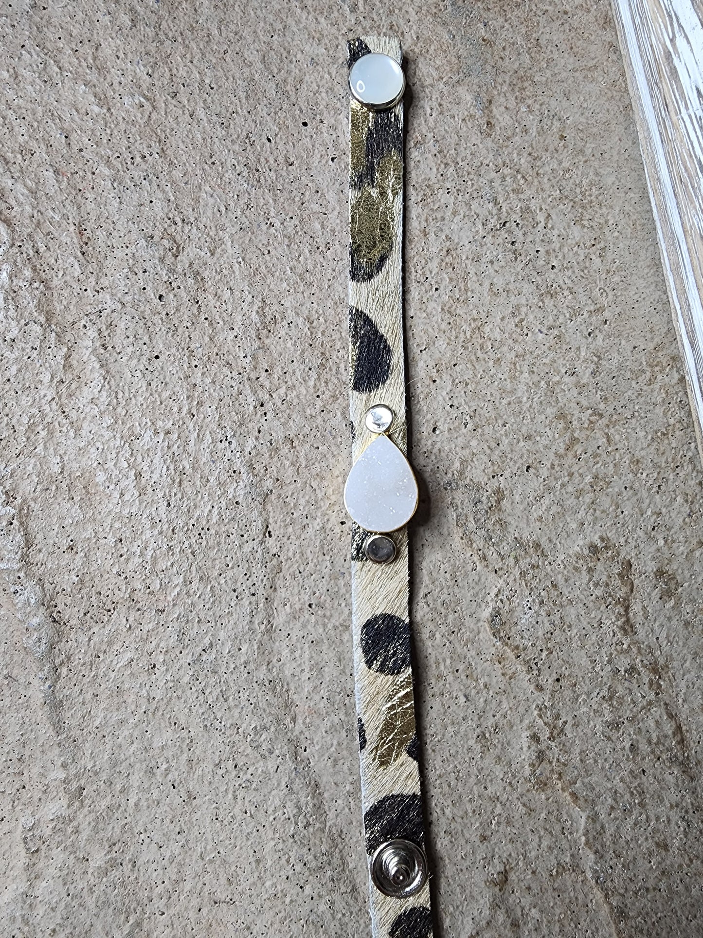 Gold Tone and Black Hide Leather Bracelet w/ Teardrop Drusy Stone