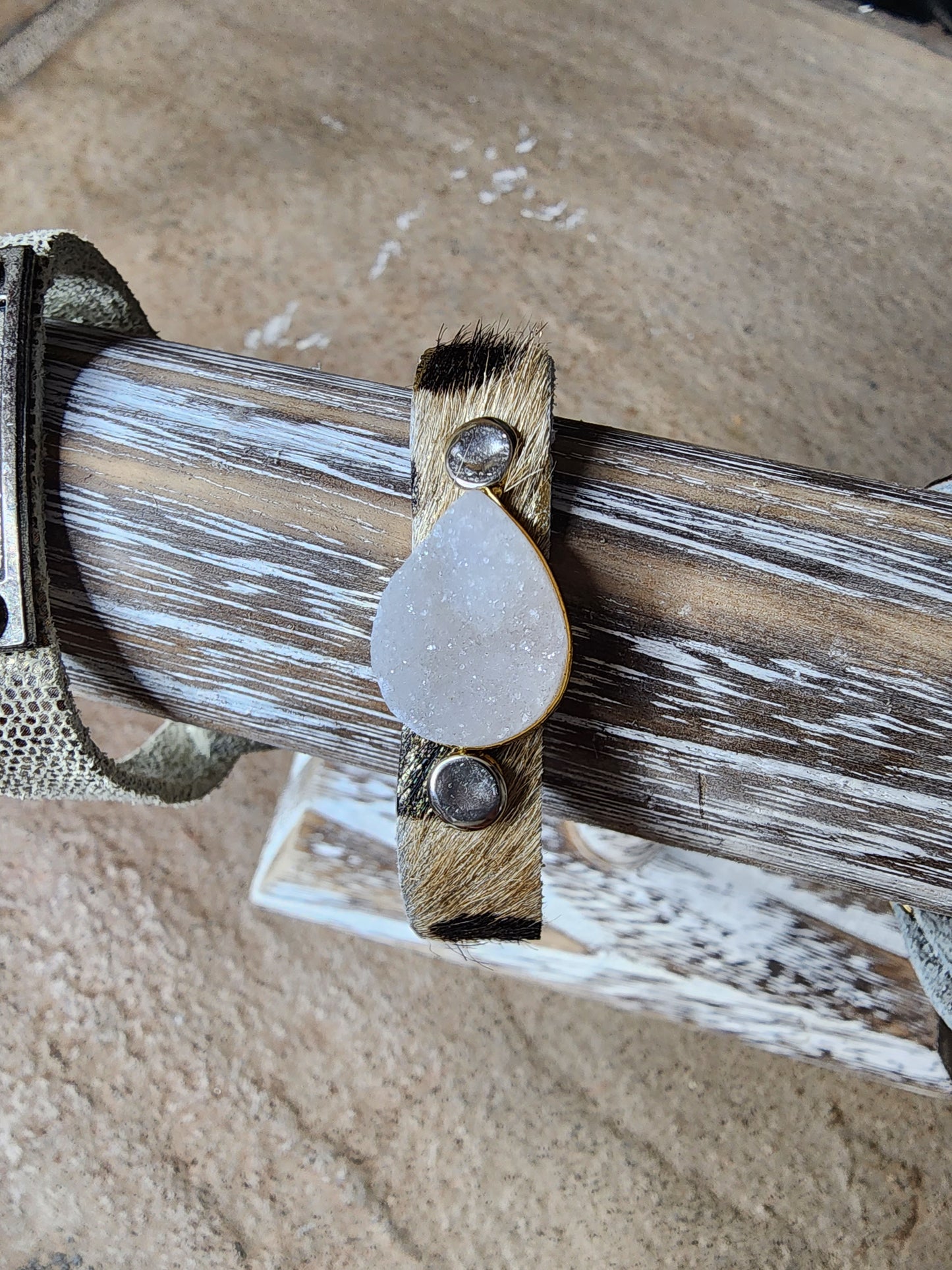 Gold Tone and Black Hide Leather Bracelet w/ Teardrop Drusy Stone