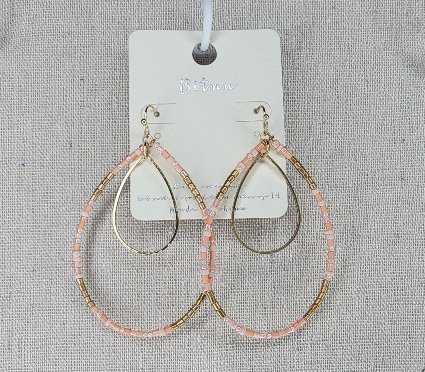 Pink Beaded Pear Hoop Dangle Earrings