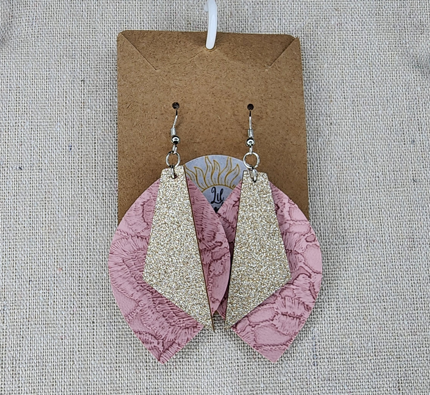 Pink Lace and Gold Sparkle Dangle Earrings