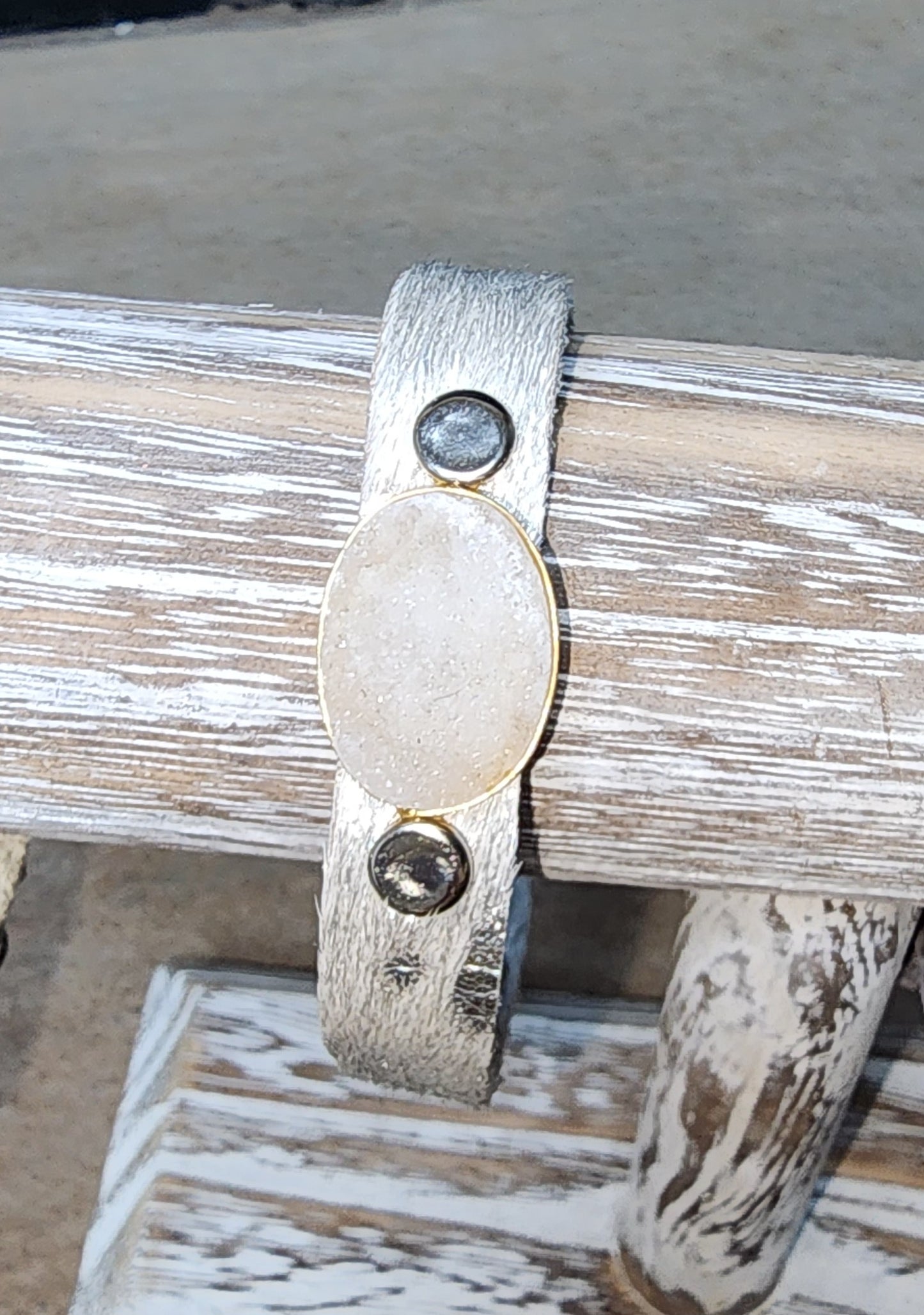 Silver Tone Hide Leather Bracelet with Drusy Stone