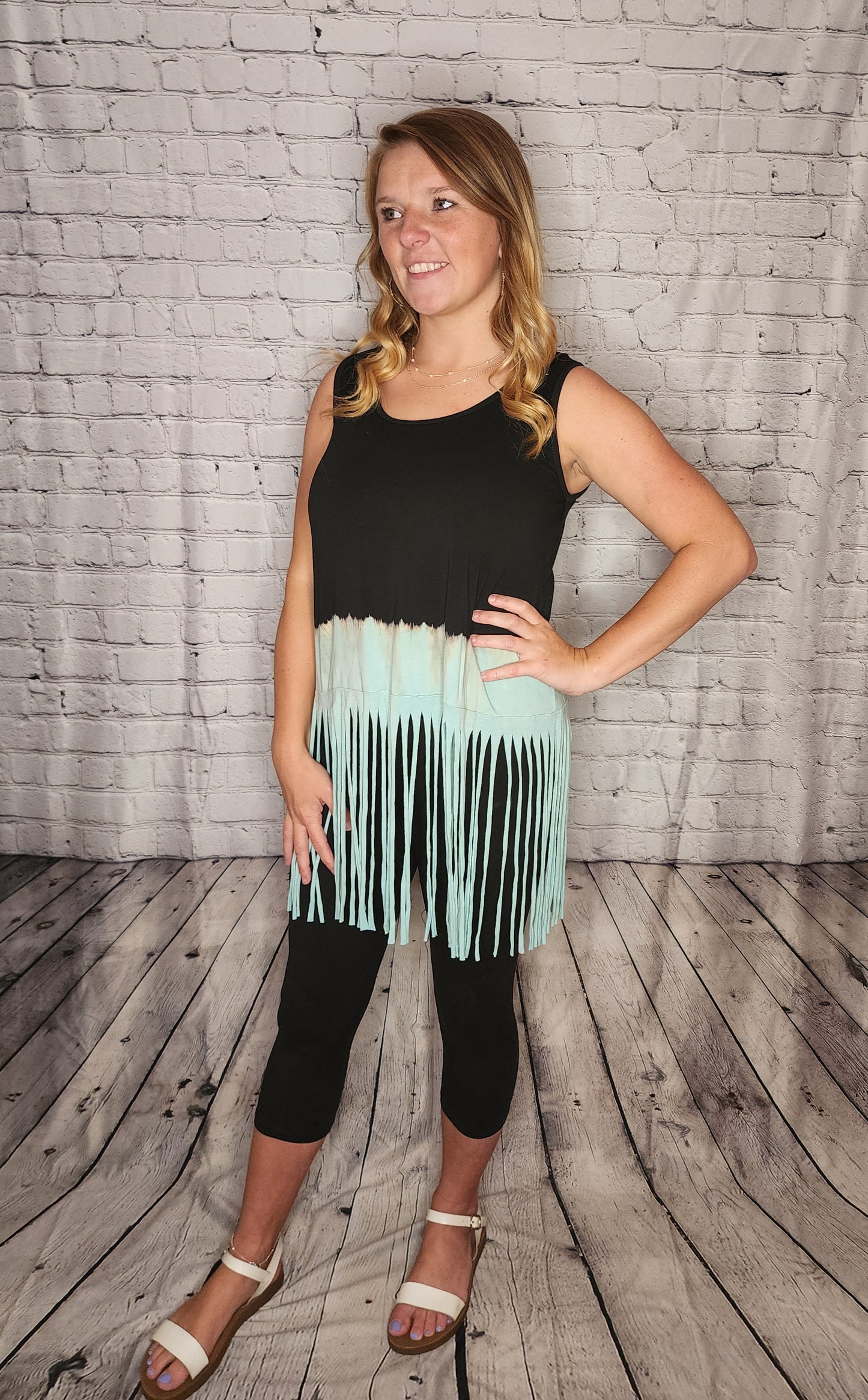 Turquoise and Black Fringe Tank