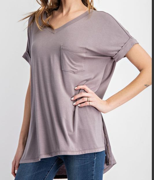 V-neck Short Sleeve w/pocket - Latte