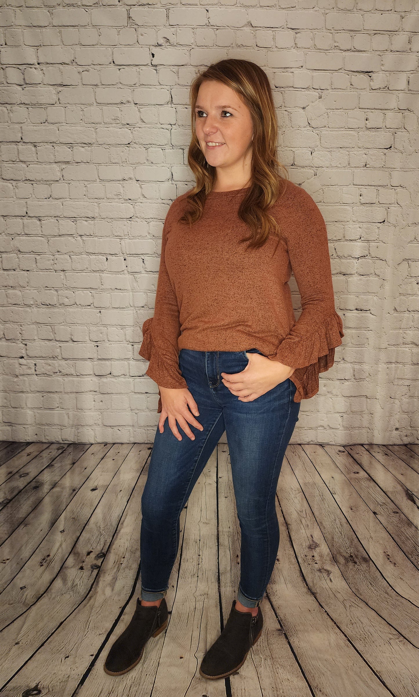 Long Sleeve Ruffle Top - Rust