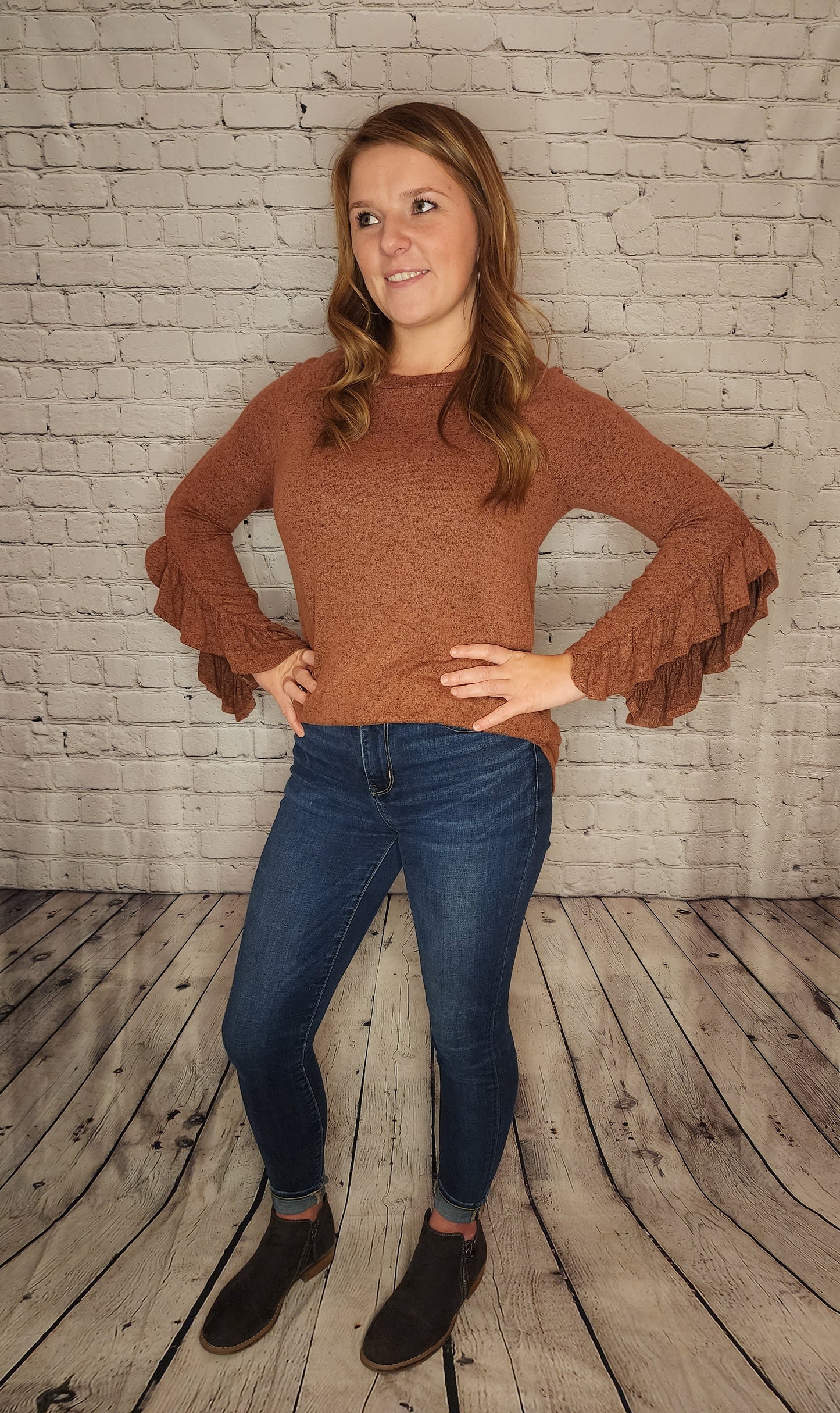 Long Sleeve Ruffle Top - Rust